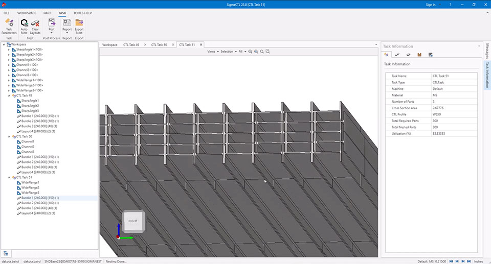 Bundle nesting in SigmaCTL has been improved for Angle, Channel, and I-beam profiles with Nested and Stacked options.