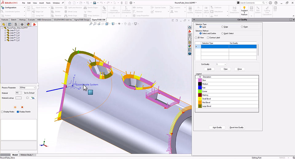 SigmaTUBE SW Cut Quality Rules now support automatic edge breaking for bevel quality changes due to angle differences.